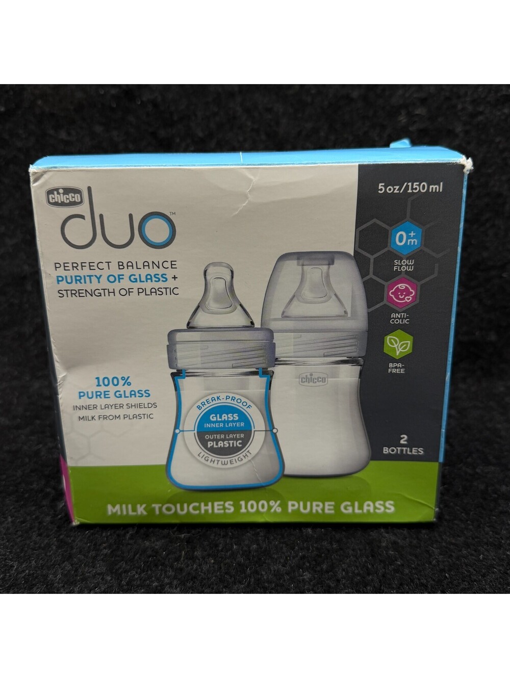 Chicco Duo Hybrid Baby Bottle, Invinci-Glass Inside/Plastic Outside, 5oz, 2-Pack